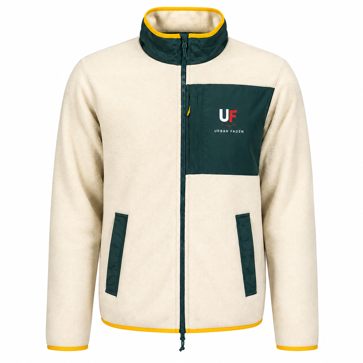 Urban Faden Fleece-Zip-Jacke – Nahaufnahme der Brusttasche mit Logo
